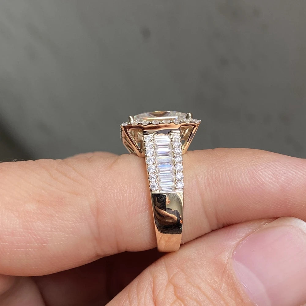 Man Ring Soild 14K Yellow Gold 10x10mm 6 Carats Princess Cut VVS1 D Moissanite Diamond Wedding Ring