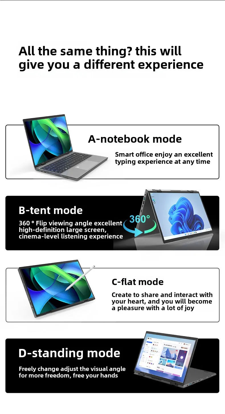 Hot Selling 14 Inch Slim Yoga Metal Touch Screen Laptop Intel 16Gb 2240*1440 Ips Windows 11 360 Degree Win11 Personal & Home Use