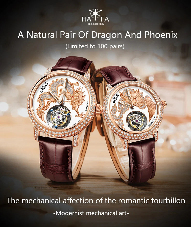 Haofa Couple Watch Luxury Tourbillon Watch Manual Movement Mechanical Wristwatch Sapphire Lovers Tourbillon Ladies Mens Watches