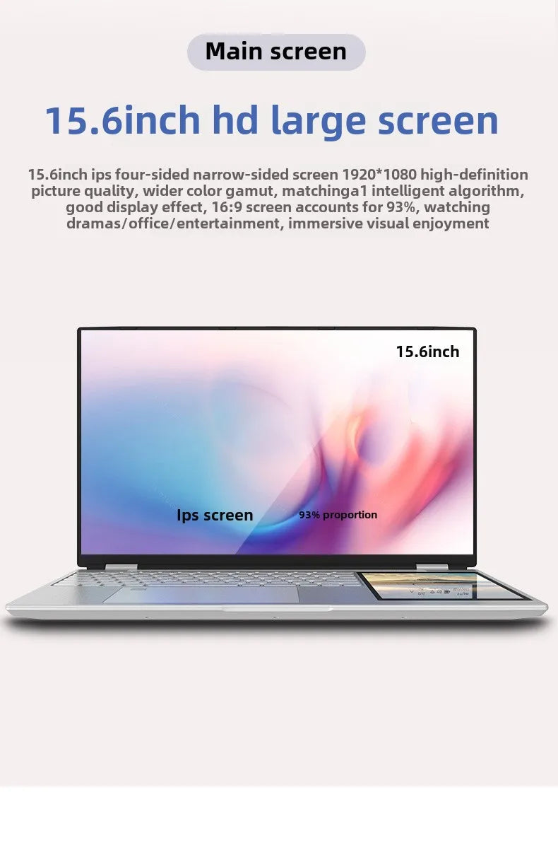 2025 NEW Wholesale Portable Business Laptop 15.6+7 Inch Dual Screen 32G+2TB Intel Processor Win11 with Camera English Keyboard