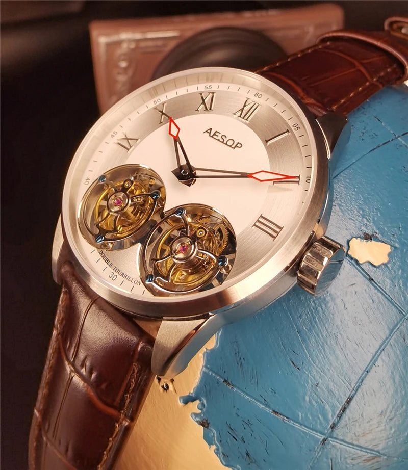 Aesop Men's Double Tourbillon Watch Hand Winding Movement Sapphire Business Fashion Male Mechanical Wristwatches Waterproof 2025
