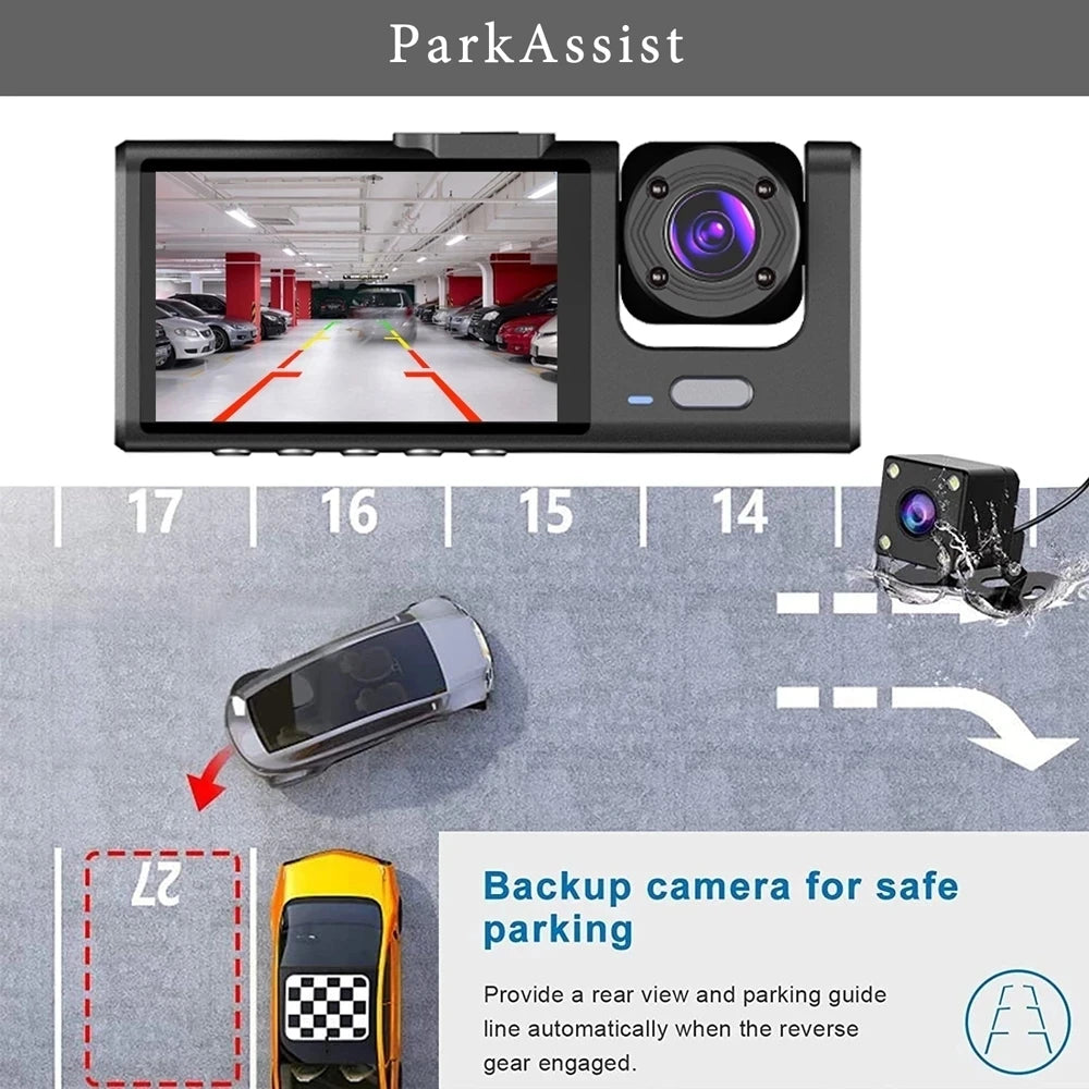 3 Lens Full HD 1080P Dashcam 3 Channel Vehicle DVR Dash Cam with LCD Screen Black Box Car Camcorder for Video Recording