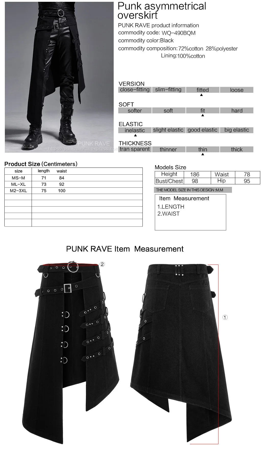 PUNK RAVE Men's Punk Japanese-style Asymmetry Long Skirt Halloween Stage Performance Costume Asymmetrical Overskirt