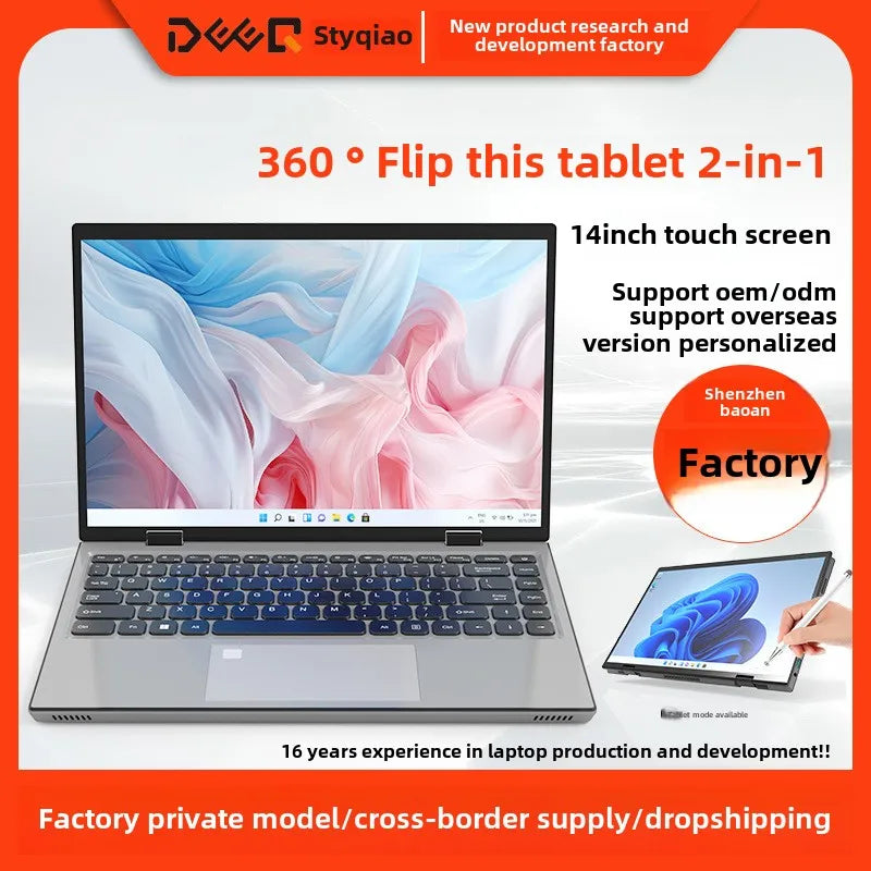 Hot Selling 14 Inch Slim Yoga Metal Touch Screen Laptop Intel 16Gb 2240*1440 Ips Windows 11 360 Degree Win11 Personal & Home Use