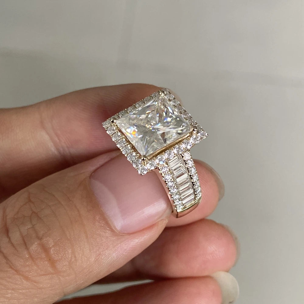 Man Ring Soild 14K Yellow Gold 10x10mm 6 Carats Princess Cut VVS1 D Moissanite Diamond Wedding Ring