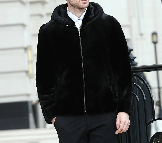 Real Men Mink Fur Coat With Hood Winter Warm Full Pelt Fur Classic Black Color Luxurious Thick Mens Coats 2023 Outwear Jacket