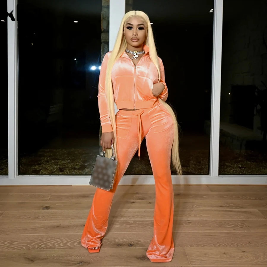 Kliou Solid Velour Two Piece Set Women Simple Casual Zipper Long Sleeve Turtleneck Top+Bandage Lace Slim Female Wide Leg Pants