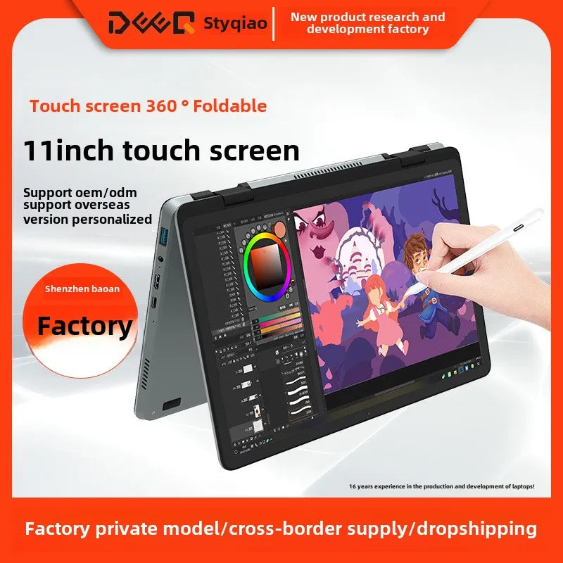 Factory Price 2025 New 11 Inch Touch Screen Laptop 110YP Intel N100 Quad Core DDR4 16B Memory Backlit Keyboard IPS Front Camera