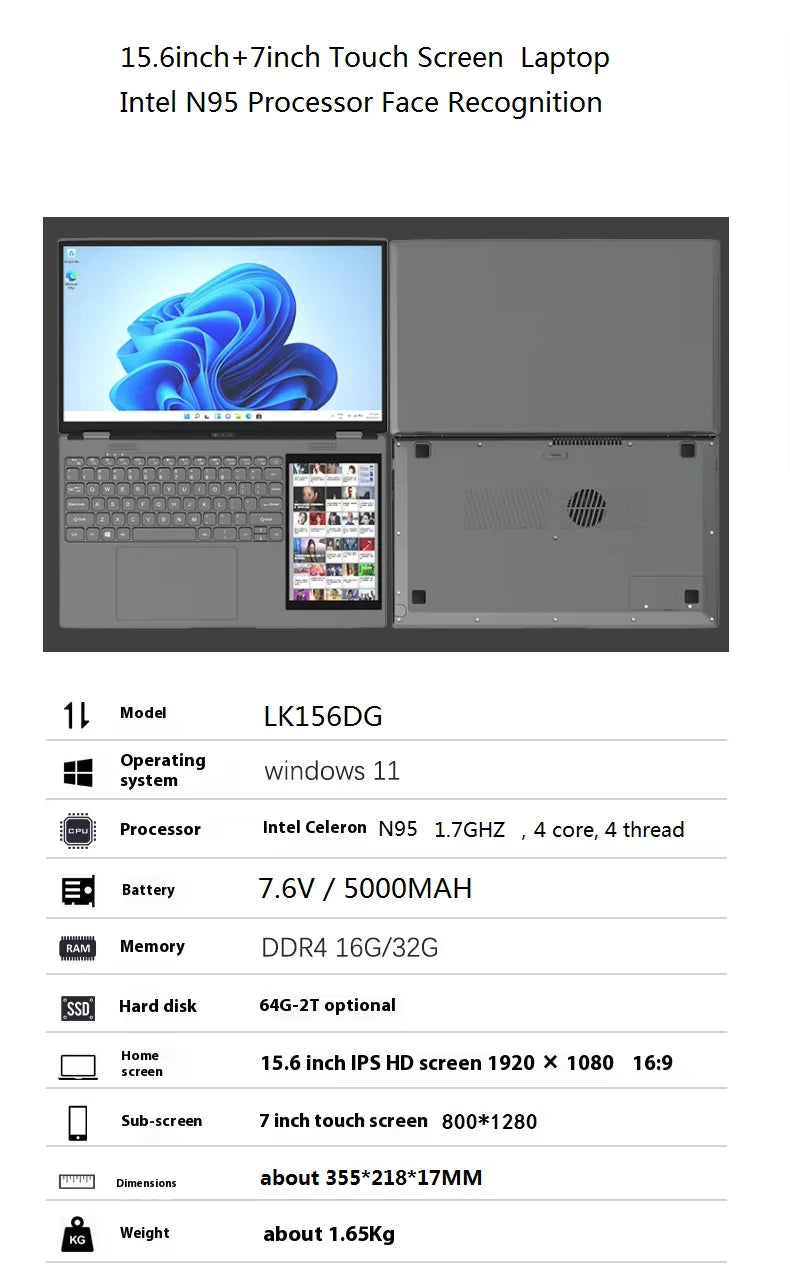 New Dual Screen 15.6inch+7inch Touch Screen Business Laptop Intel N95 Process 16G 32G RAM 256G 512G 1T SSD Can Be Customized