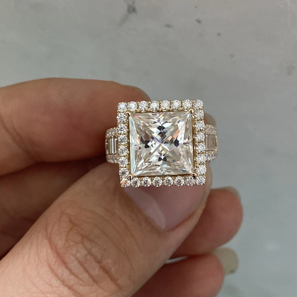 Man Ring Soild 14K Yellow Gold 10x10mm 6 Carats Princess Cut VVS1 D Moissanite Diamond Wedding Ring