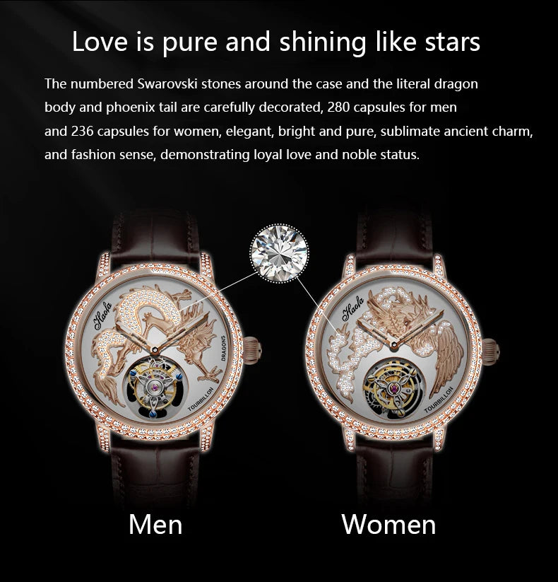 Haofa Couple Watch Luxury Tourbillon Watch Manual Movement Mechanical Wristwatch Sapphire Lovers Tourbillon Ladies Mens Watches