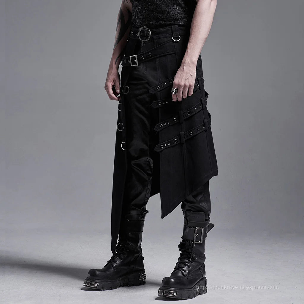 PUNK RAVE Men's Punk Japanese-style Asymmetry Long Skirt Halloween Stage Performance Costume Asymmetrical Overskirt