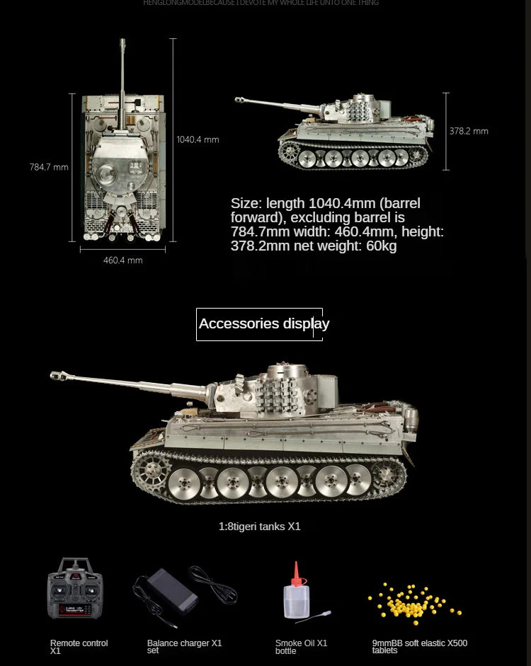 Full Metal Large Tank German Tiger Electric Remote Control Aluminum Alloy Model 2.4G Remote Control M1A2 Chariot