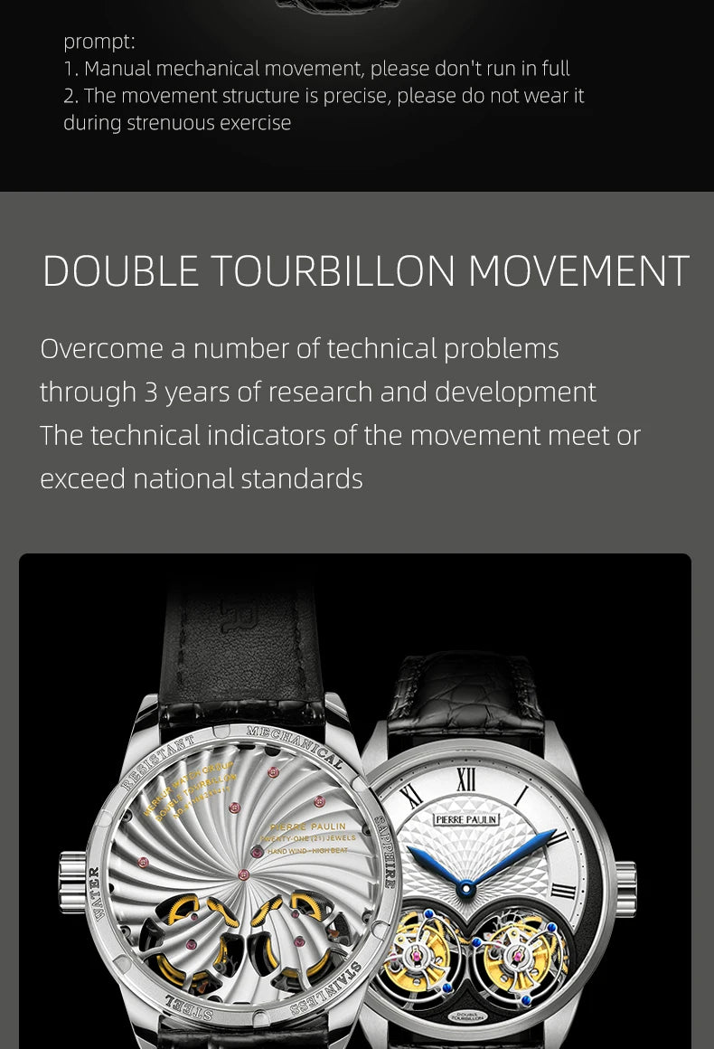 MERKUR genuine Double Tourbillon Manual Mechanical Watch Men's Luxury Formal Business Men's A Certified Millionaire Watch