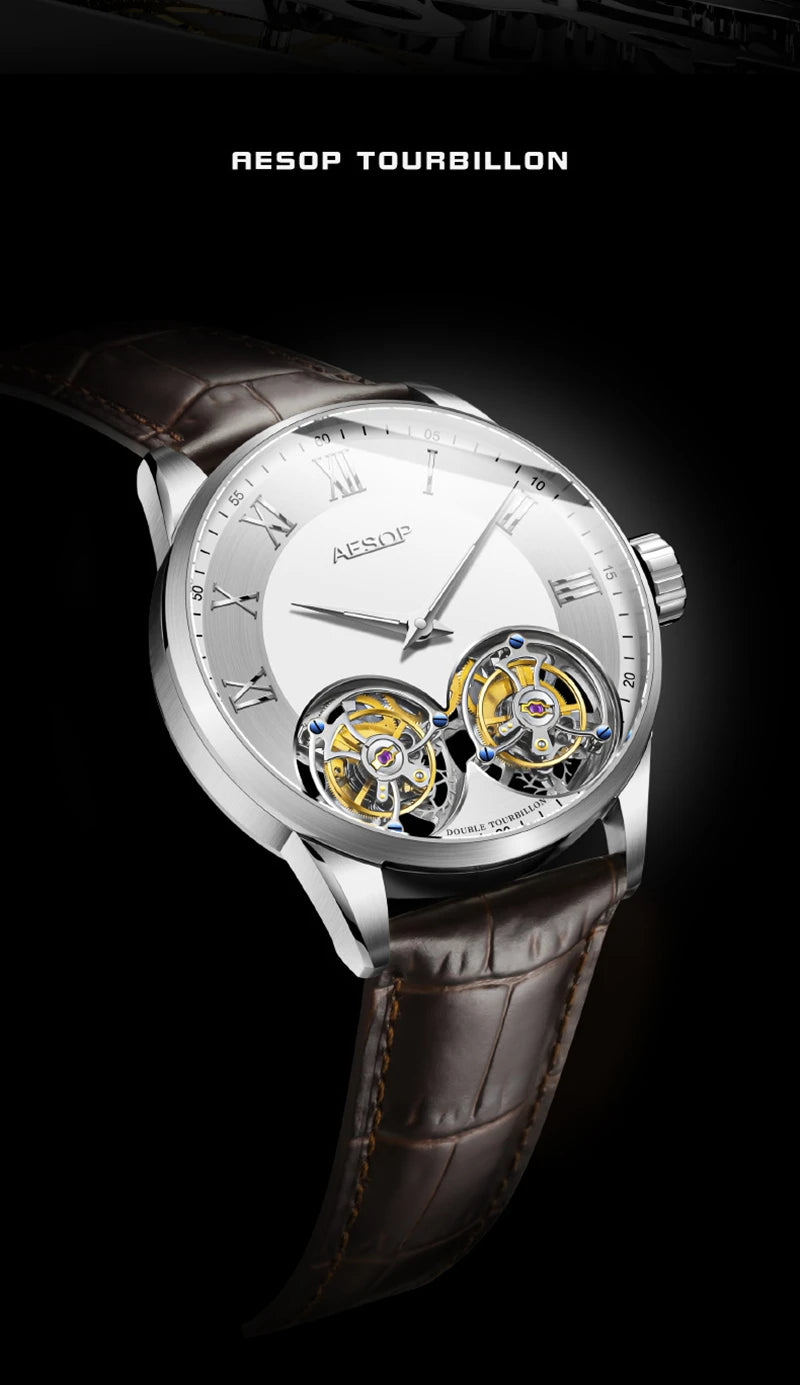 Aesop Men's Double Tourbillon Watch Hand Winding Movement Sapphire Business Fashion Male Mechanical Wristwatches Waterproof 2025