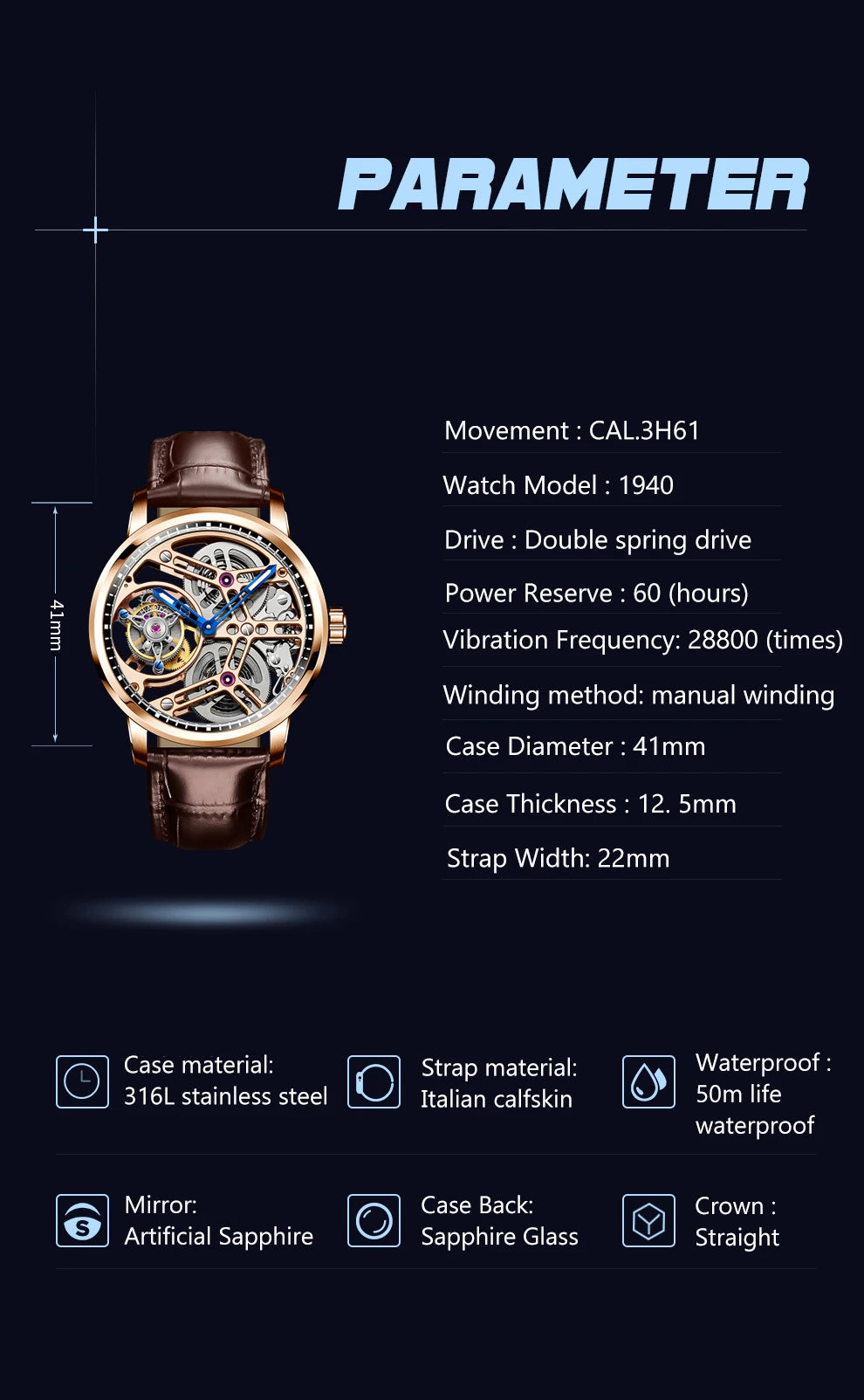 Haofa Manual Tourbillon Mechanical Watches For Men Waterproof Skeleton Luxury Sapphire Flying Tourbillon Movement Men Watch 1940