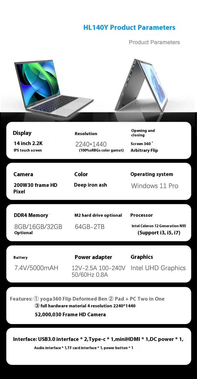 Hot Selling 14 Inch Slim Yoga Metal Touch Screen Laptop Intel 16Gb 2240*1440 Ips Windows 11 360 Degree Win11 Personal & Home Use