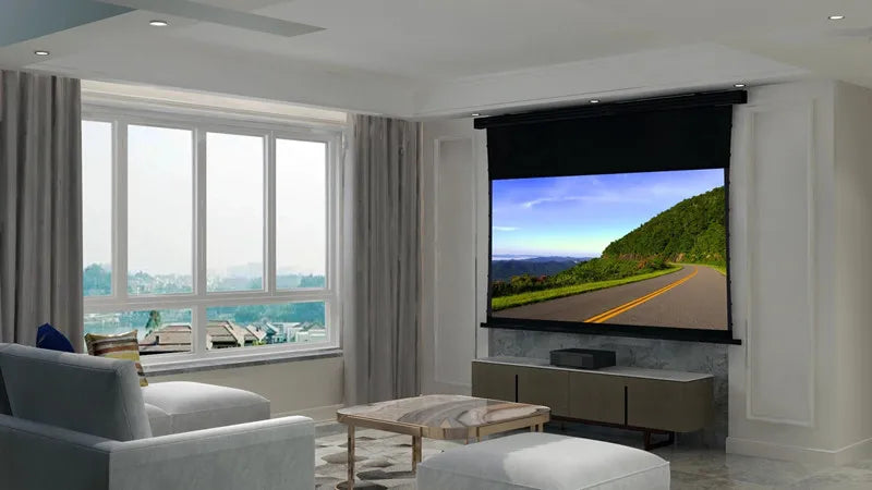 New Generation Laser TV Self-Rising Screen ALR Electric Motorised Tab Tensioned Projection Screen for UST Laser Projector 4k HD