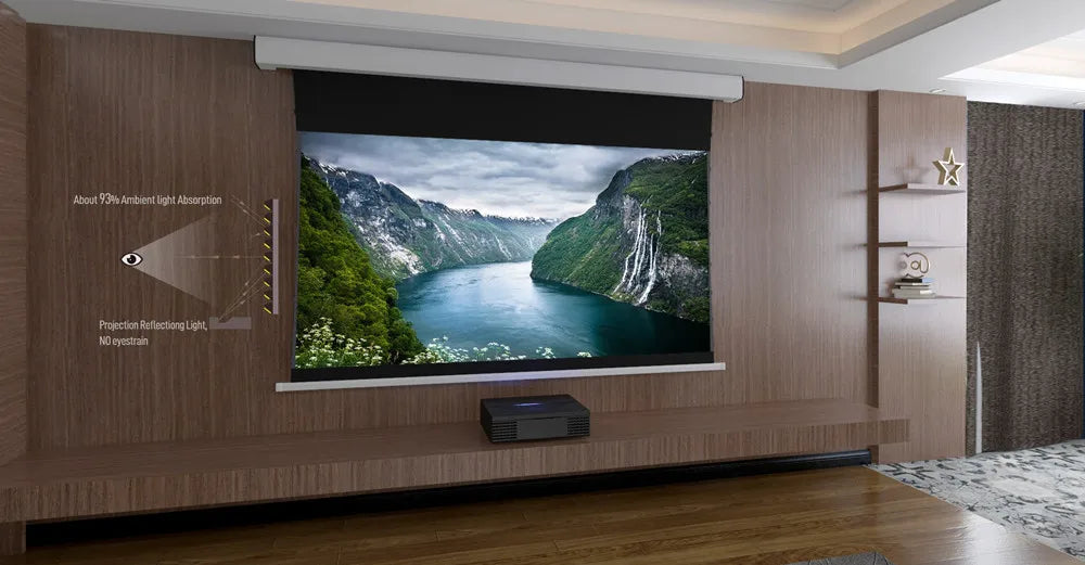 New Generation Laser TV Self-Rising Screen ALR Electric Motorised Tab Tensioned Projection Screen for UST Laser Projector 4k HD