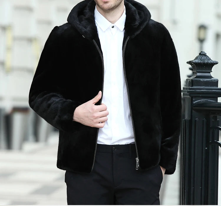 Real Men Mink Fur Coat With Hood Winter Warm Full Pelt Fur Classic Black Color Luxurious Thick Mens Coats 2023 Outwear Jacket
