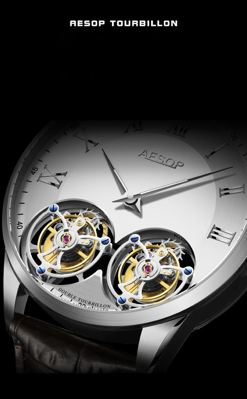 Aesop Men's Double Tourbillon Watch Hand Winding Movement Sapphire Business Fashion Male Mechanical Wristwatches Waterproof 2025