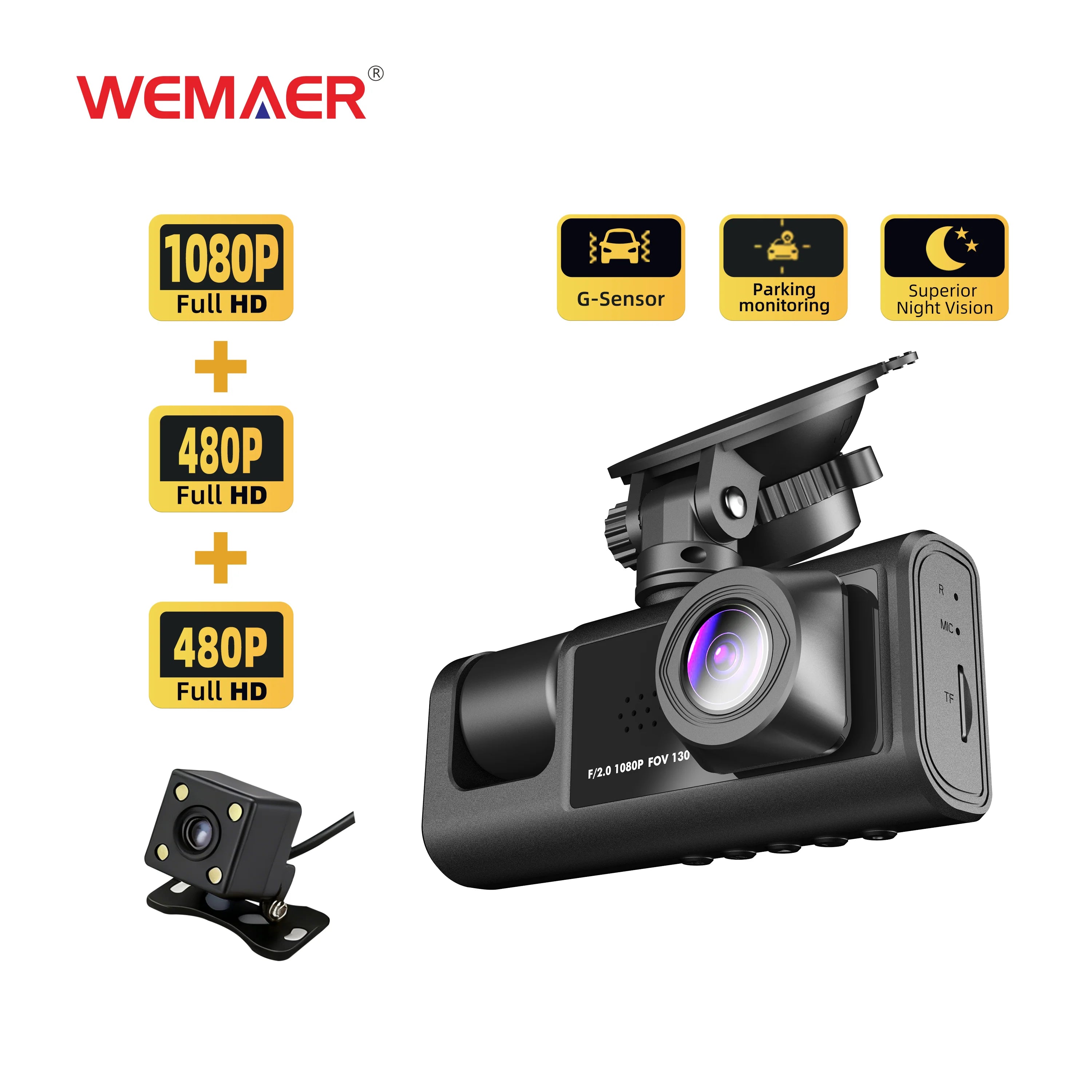 Dual Lens Black Box HD 720P Dashcam 3 Channel Vehicle DVR Dash Cam with LCD Screen Car Camcorder for In-Car Child Monitoring