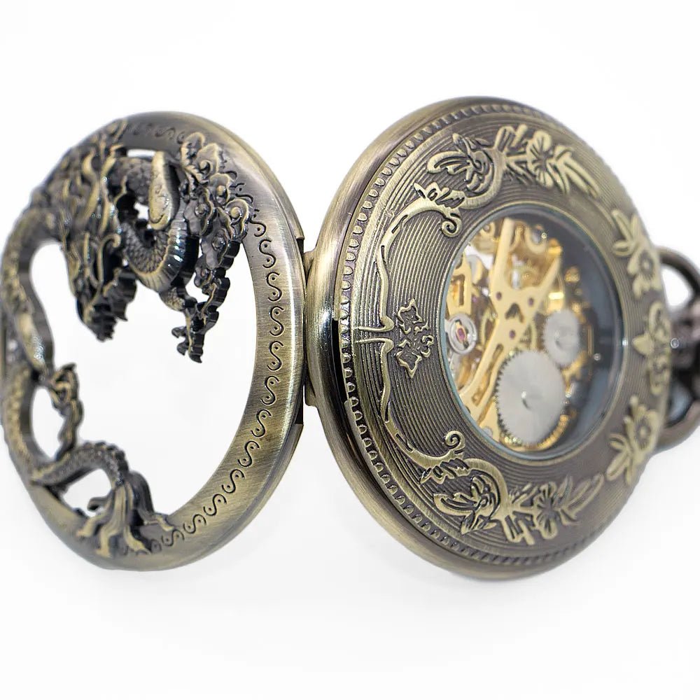 20pcs/lot Hollowed Mechanical Pocket Watch with Chain  Chinese Flying Dragon Pocket Watches Men Steampunk Gift Watches