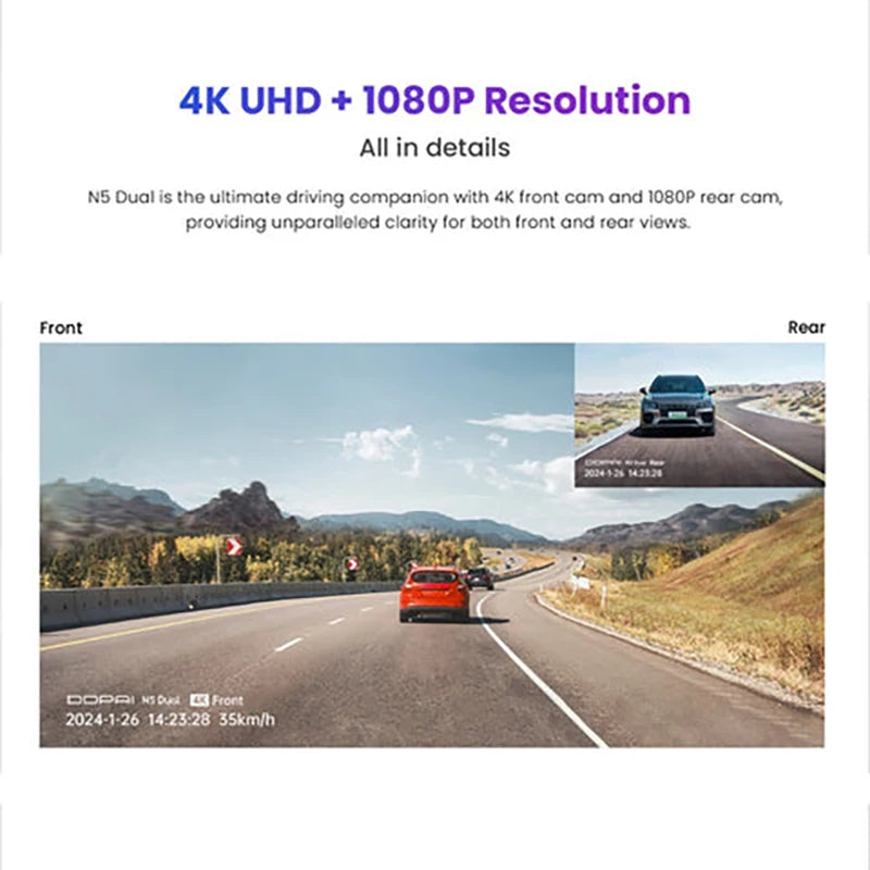 DDPAI N5 Dual Lens Car Black Box Dash Cam 4K Ultra HD Resolution LCD Screen Bluetooth Night Vision Front Rear Recording Black