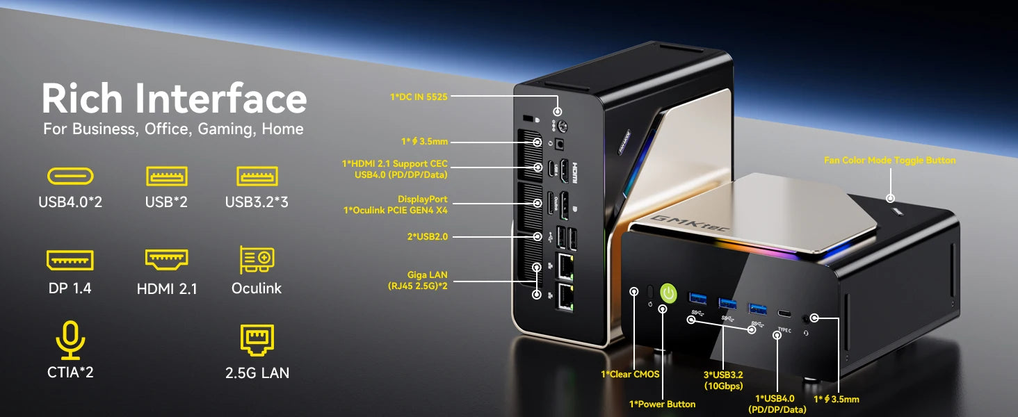 EVO-T1 Intel Core Ultra 9 285H Mini PC 16-core 16-thread 64GB DDR5 1TB SSD Gaming Computer PC with Intel AI Boost Mini PC