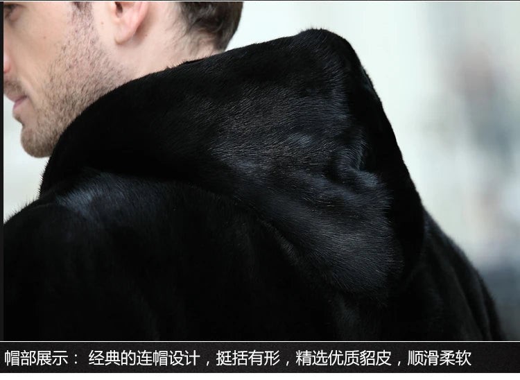 Real Men Mink Fur Coat With Hood Winter Warm Full Pelt Fur Classic Black Color Luxurious Thick Mens Coats 2023 Outwear Jacket