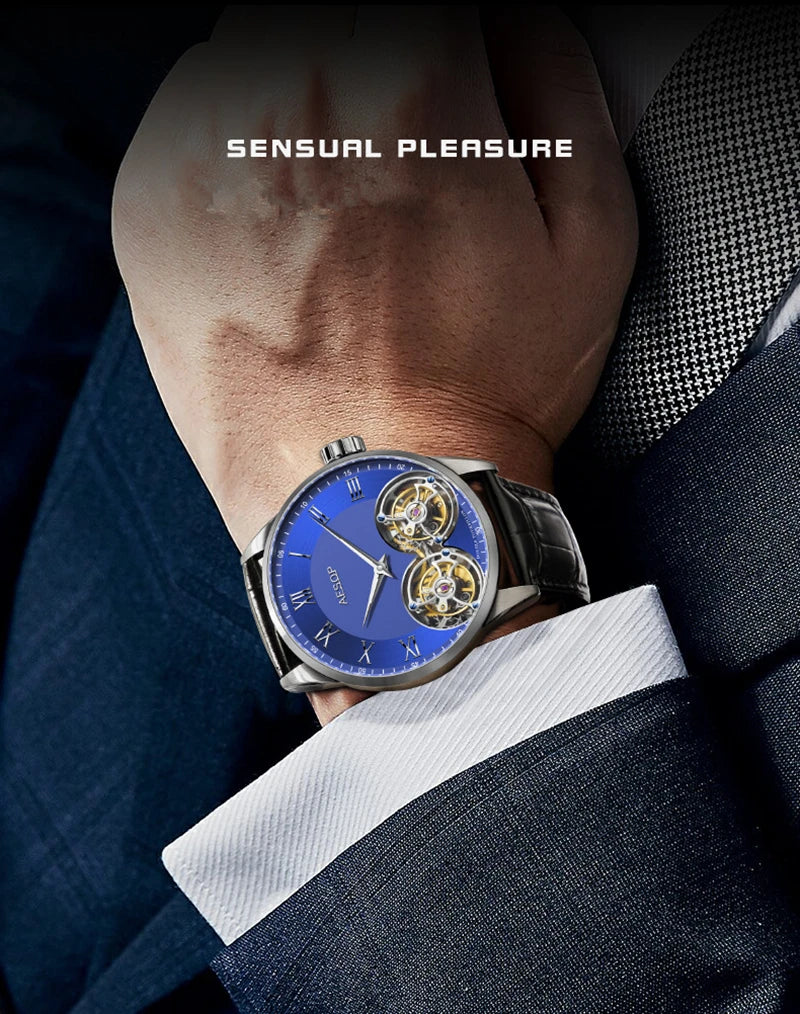 Aesop Men's Double Tourbillon Watch Hand Winding Movement Sapphire Business Fashion Male Mechanical Wristwatches Waterproof 2025