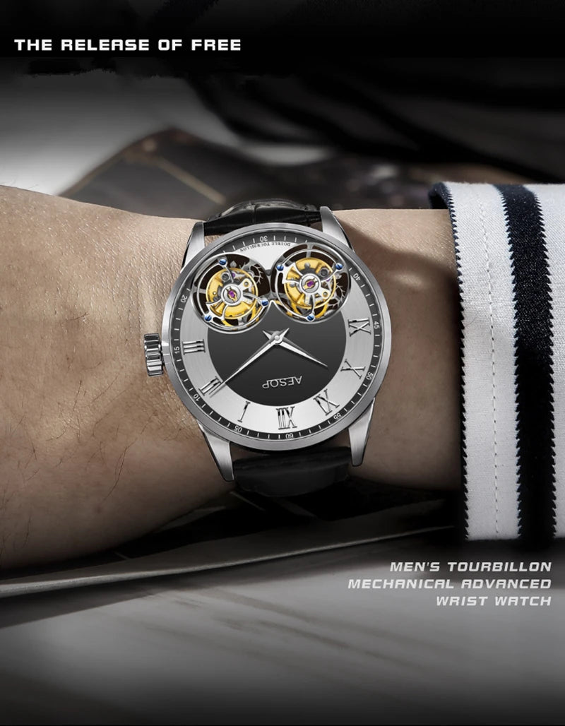 Aesop Men's Double Tourbillon Watch Hand Winding Movement Sapphire Business Fashion Male Mechanical Wristwatches Waterproof 2025