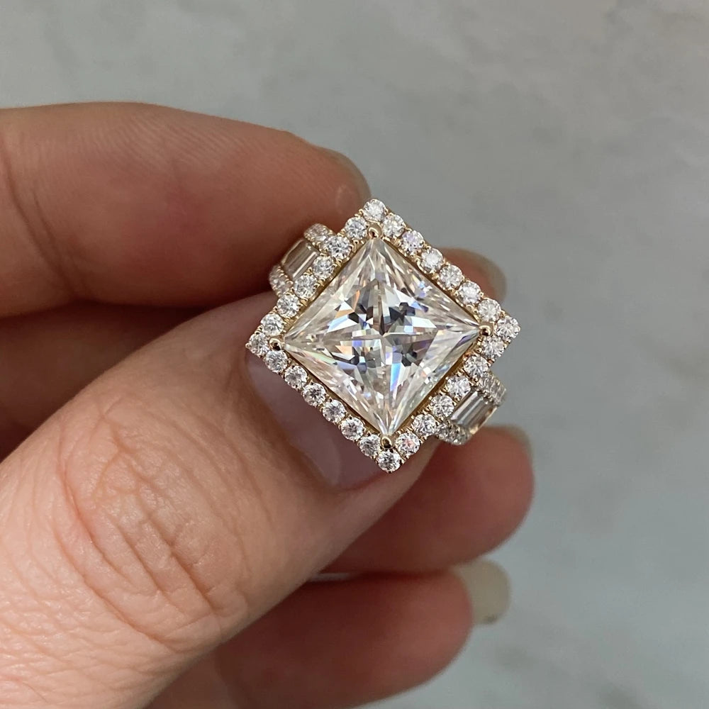 Man Ring Soild 14K Yellow Gold 10x10mm 6 Carats Princess Cut VVS1 D Moissanite Diamond Wedding Ring