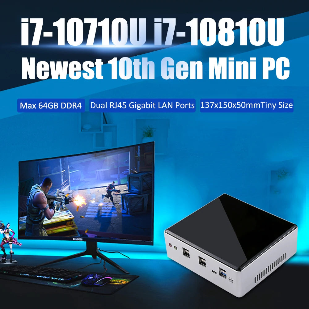 EGLOBAL CORE I7 10710U 4.9GHz 6 Core 16GB RAM 512GB SSD AC WIFI & BT WIN11 PRO Dual LAN 4K MINI Gaming Desktop Mini PC
