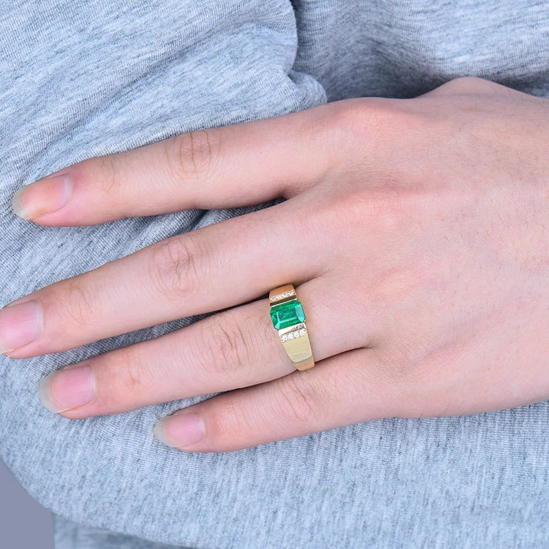 LANMI Vintage Emerald 5x7mm Solid 14kt Yellow Gold Natural Emerald Wedding Rings For Men And Women Columbian Emerald Ring SR312