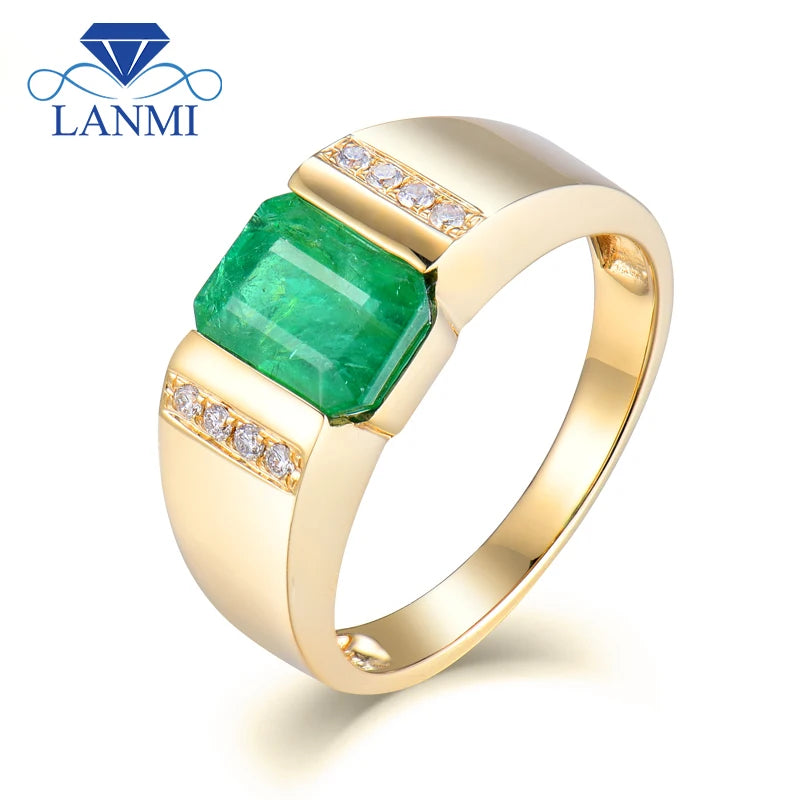 LANMI Vintage Emerald 5x7mm Solid 14kt Yellow Gold Natural Emerald Wedding Rings For Men And Women Columbian Emerald Ring SR312