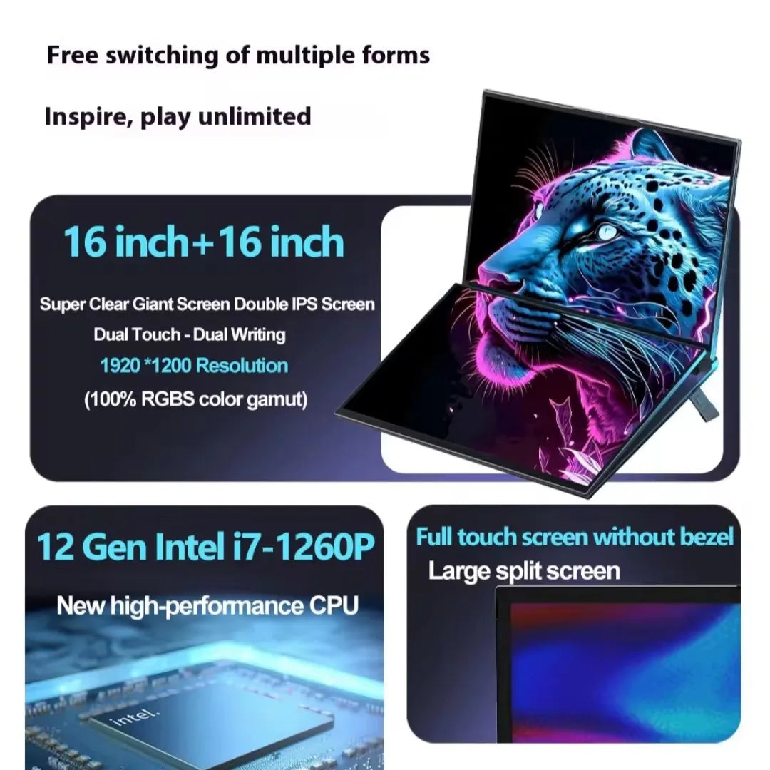 16 Inch Big Screen Touch Dual Screen Notebook Intel Core I7-1260p 8GB RAM 128GB 256GB 512GB 1TB SSD Win 10 Gaming PC Laptop
