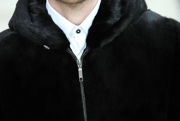 Real Men Mink Fur Coat With Hood Winter Warm Full Pelt Fur Classic Black Color Luxurious Thick Mens Coats 2023 Outwear Jacket