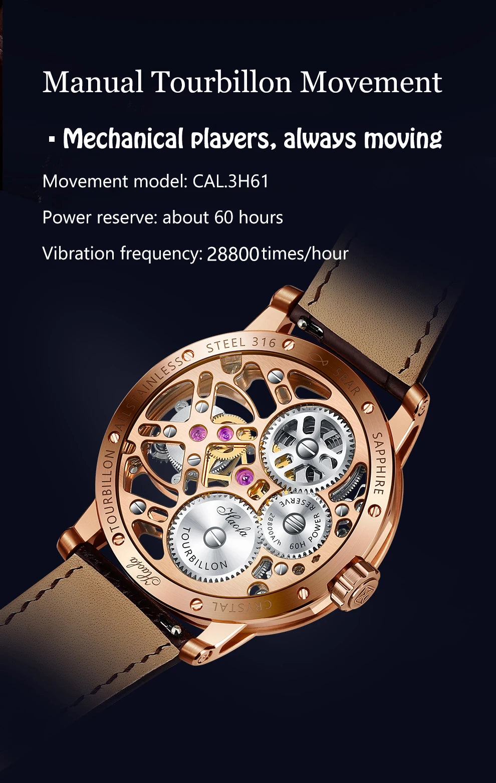 Haofa Manual Tourbillon Mechanical Watches For Men Waterproof Skeleton Luxury Sapphire Flying Tourbillon Movement Men Watch 1940