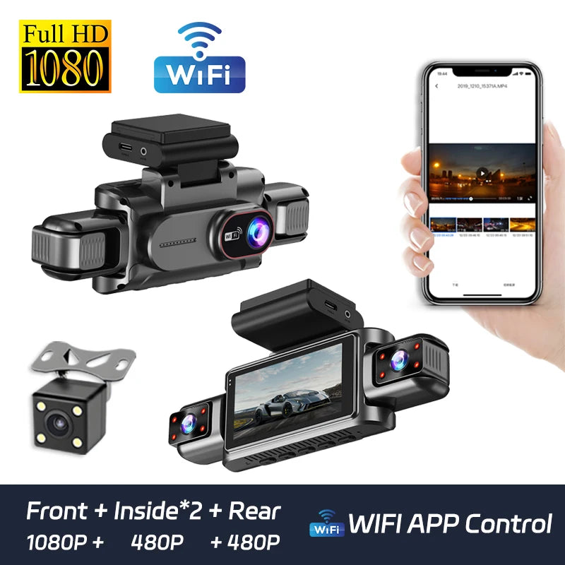 3 Inch Screen WIFI 4 Channel Dashcam Driving Assistance 24 Hour Parking Mode 360 Degree 4 Lens Night Vision Car DVR Camera