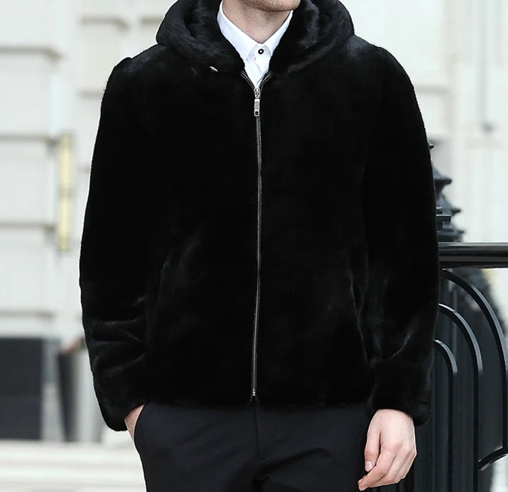 Real Men Mink Fur Coat With Hood Winter Warm Full Pelt Fur Classic Black Color Luxurious Thick Mens Coats 2023 Outwear Jacket