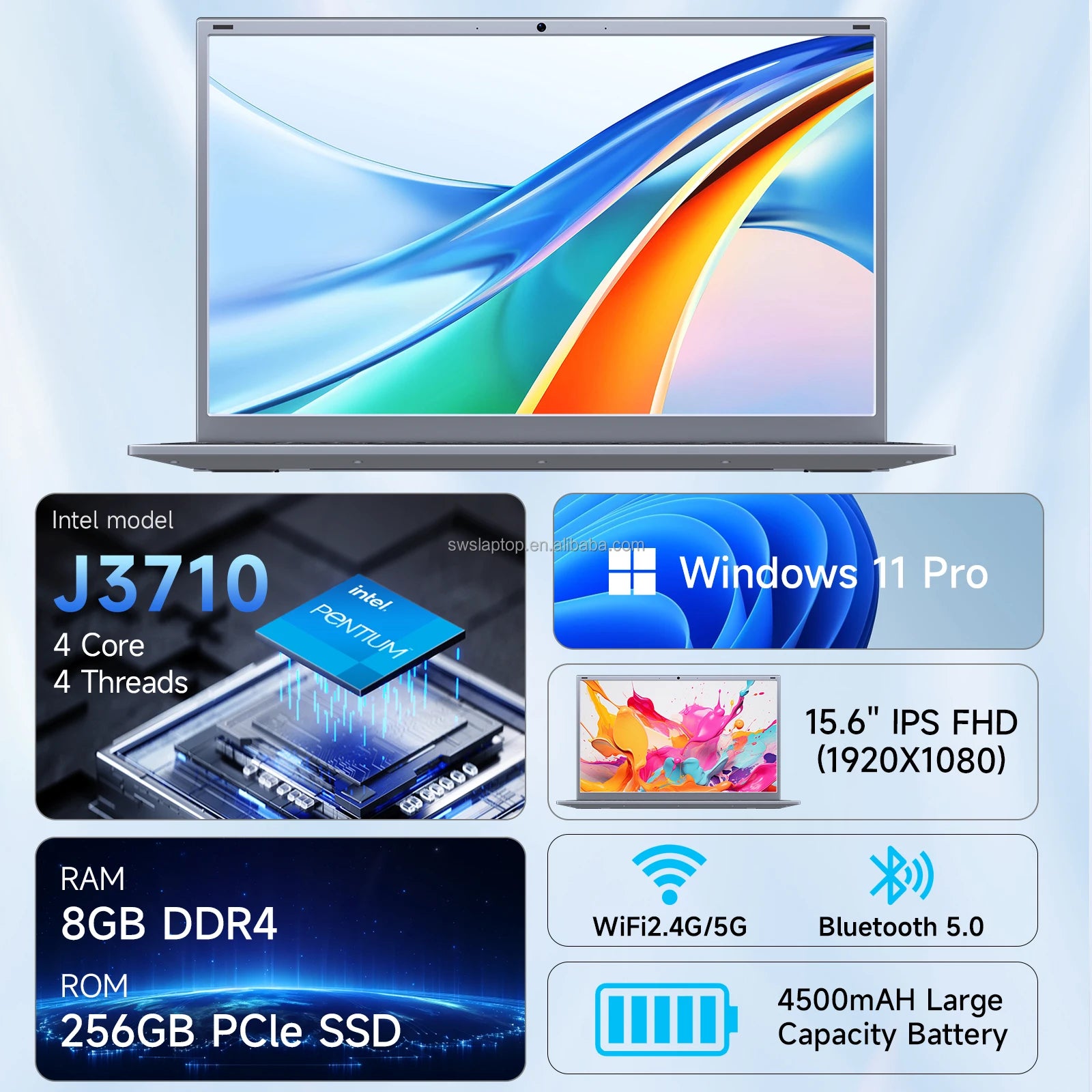 15.6" Laptop Computer 8GB RAM 512GB SSD Intel J3710 FHD IPS Display Wi-Fi 5 Windows 11 Laptop Business