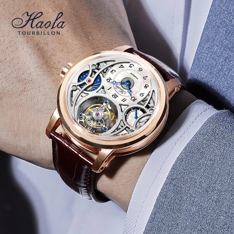 Haofa Manual Tourbillon Watch for Men Moonphase Energy Display Dial Skeleton Movement Sapphire Mechanical Wristwatches 1939
