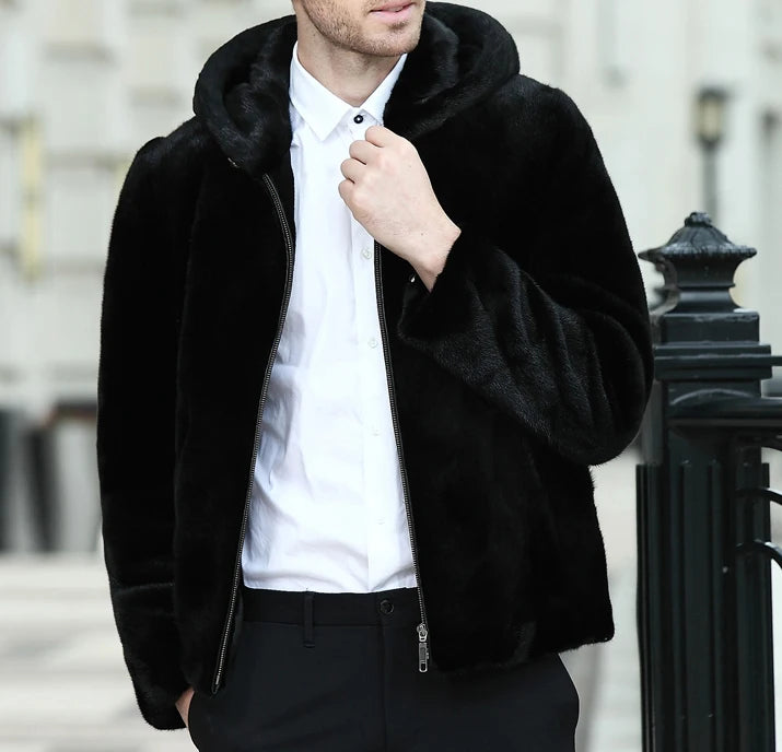 Real Men Mink Fur Coat With Hood Winter Warm Full Pelt Fur Classic Black Color Luxurious Thick Mens Coats 2023 Outwear Jacket