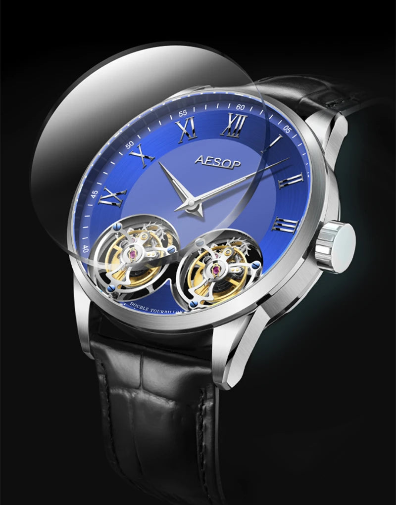 Aesop Men's Double Tourbillon Watch Hand Winding Movement Sapphire Business Fashion Male Mechanical Wristwatches Waterproof 2025