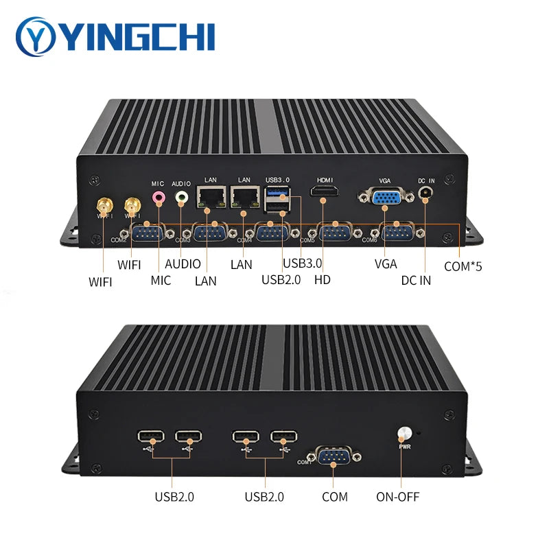 YINGCHI Micro Industrial Computer J1900 Fanless Mini Gaming PC 6 COM 2 LAN Win10 Linux