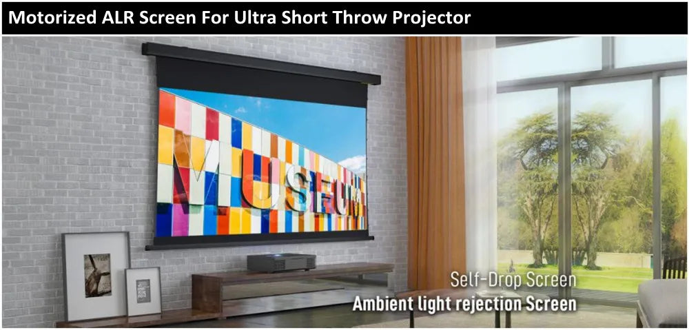 New Generation Laser TV Self-Rising Screen ALR Electric Motorised Tab Tensioned Projection Screen for UST Laser Projector 4k HD