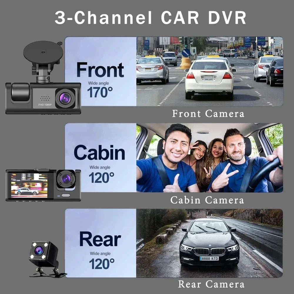3 Camera Lens Car DVR 3-Channel Dash Cam HD 1080P Dash Camera Dual Lens Dashcam Video Recorder Black Box Dash Camera Car Dvr