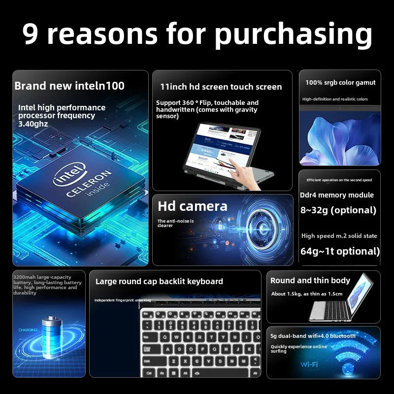 Factory Price 2025 New 11 Inch Touch Screen Laptop 110YP Intel N100 Quad Core DDR4 16B Memory Backlit Keyboard IPS Front Camera