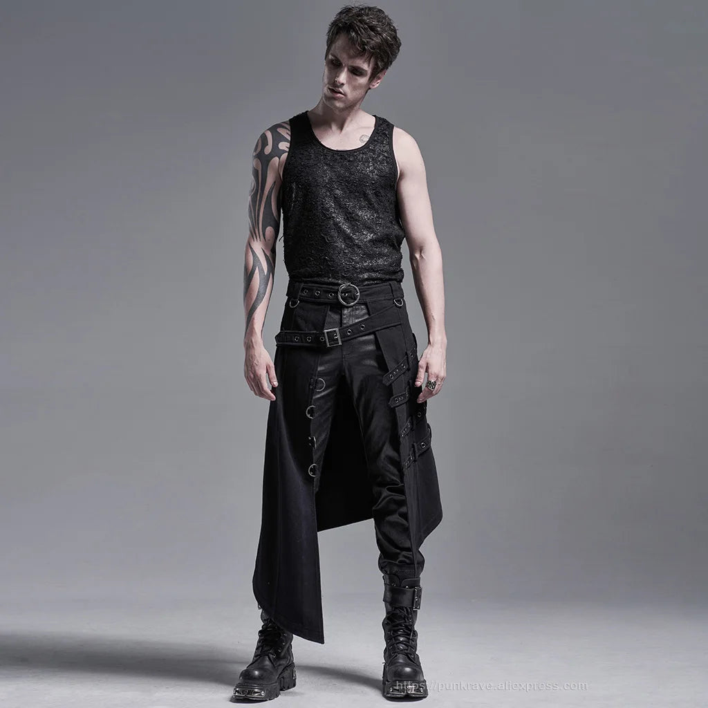 PUNK RAVE Men's Punk Japanese-style Asymmetry Long Skirt Halloween Stage Performance Costume Asymmetrical Overskirt